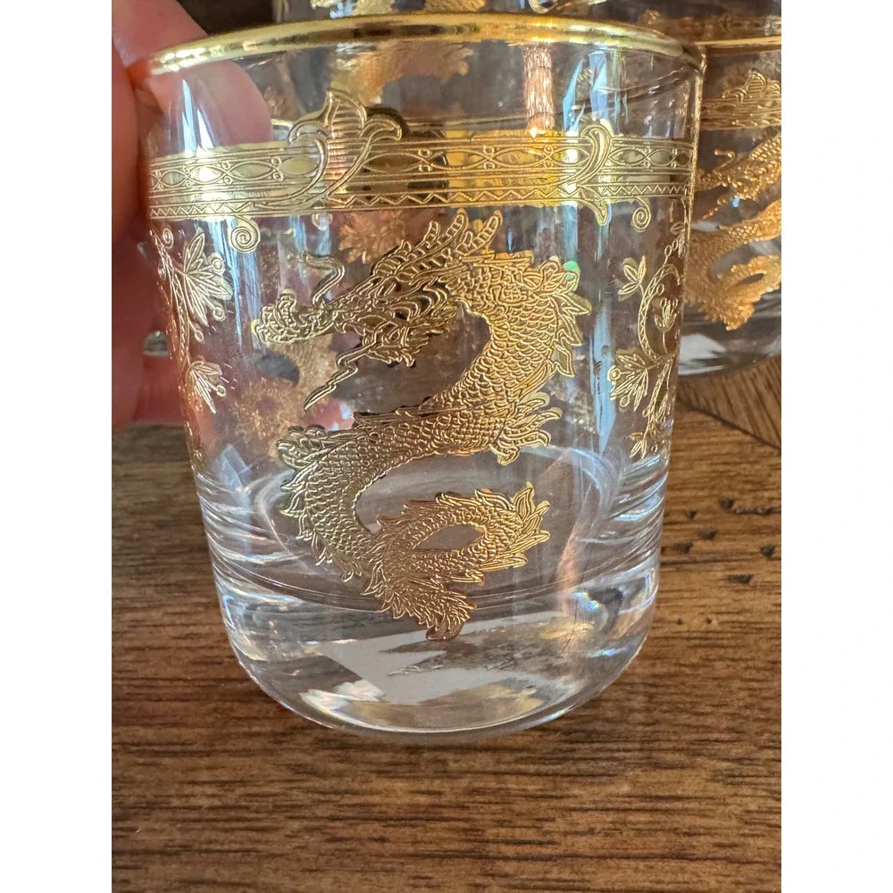Willams‎ Sonoma Gold year of Dragon Encrusted Decanter 3 Glasses Set Barware